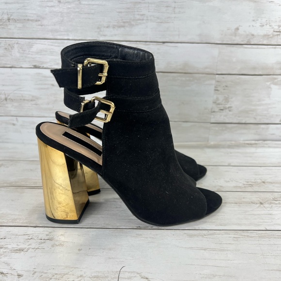 Forever 21 Black Peep Toe Booties with Block Gold Heel Buckle Double Straps 8 - Picture 8 of 14